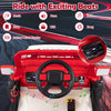 Red 12V kids ride-on truck features a steering wheel, music ports, and remote control for safe outdoor fun.