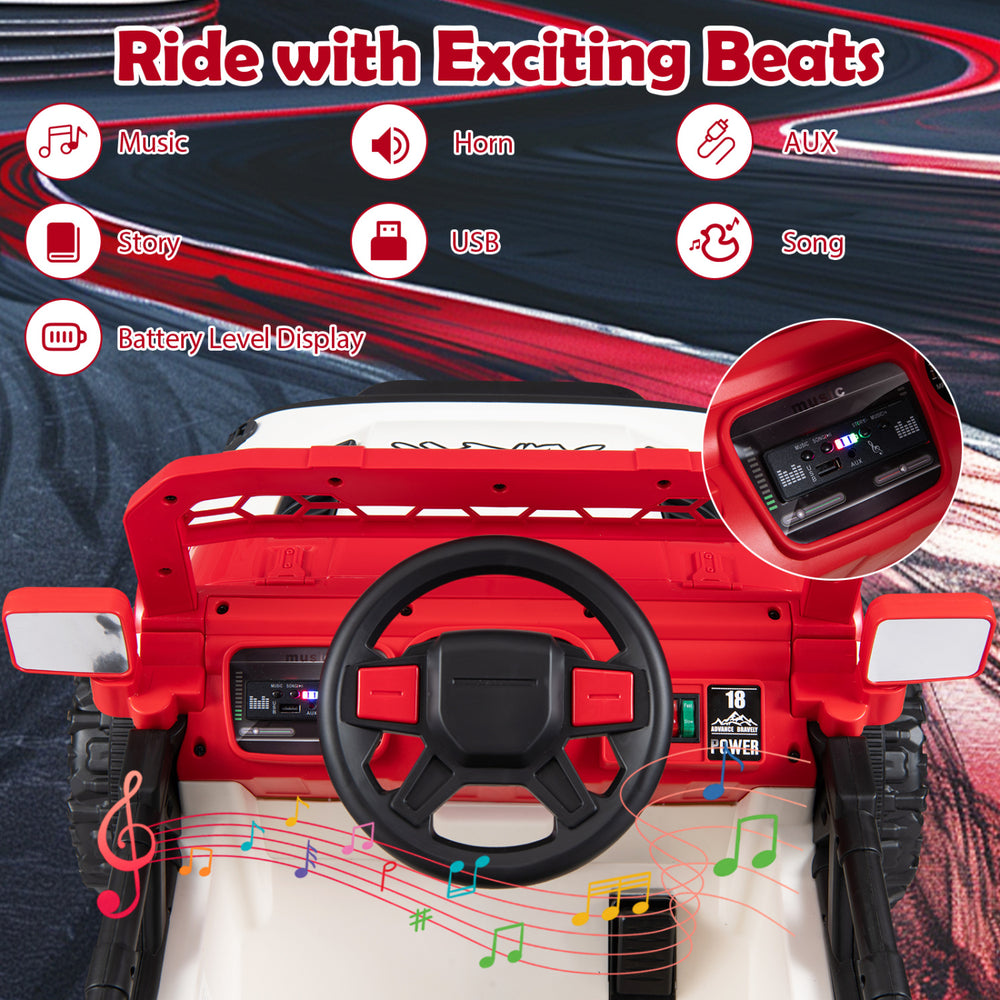 Red 12V kids ride-on truck features a steering wheel, music ports, and remote control for safe outdoor fun.