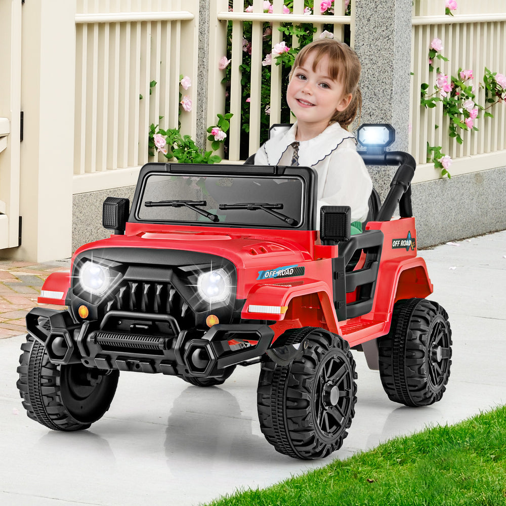 Red 12V kids ride-on truck car showcasing powerful 35W motors and child-friendly steering wheel for fun driving.