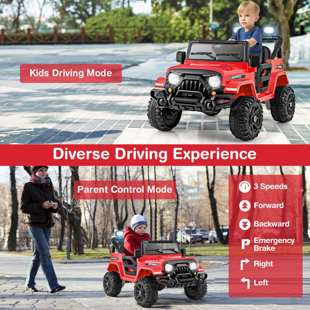 Red 12V kids ride-on truck with remote control, featuring all-terrain wheels and parent control mode for safe driving.