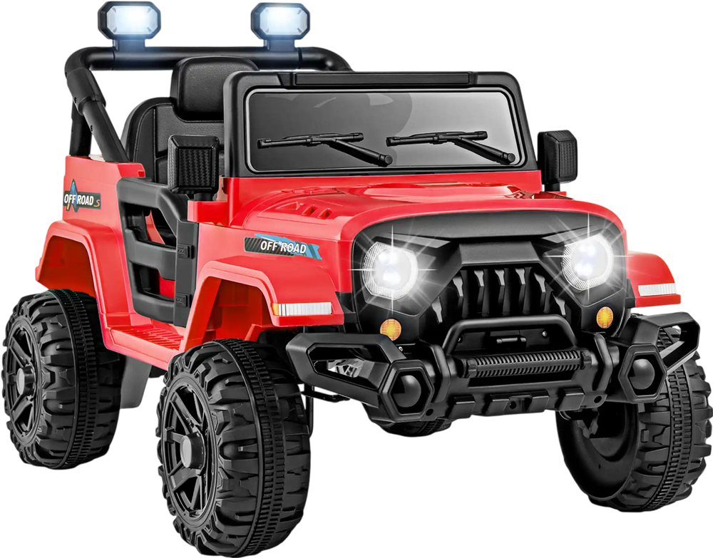 Red 12V kids ride-on truck with remote control, all-terrain wheels, LED headlights, and spacious seat for ages 3+.