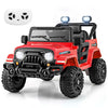 Red 12V kids ride-on truck with remote control, all-terrain wheels, and LED headlights for outdoor fun.