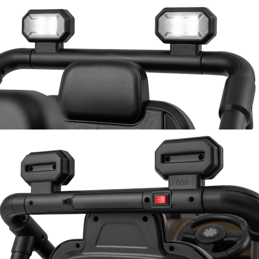 Bright LED headlights and searching lights on the 12V kids ride-on truck car for enhanced fun and safety.