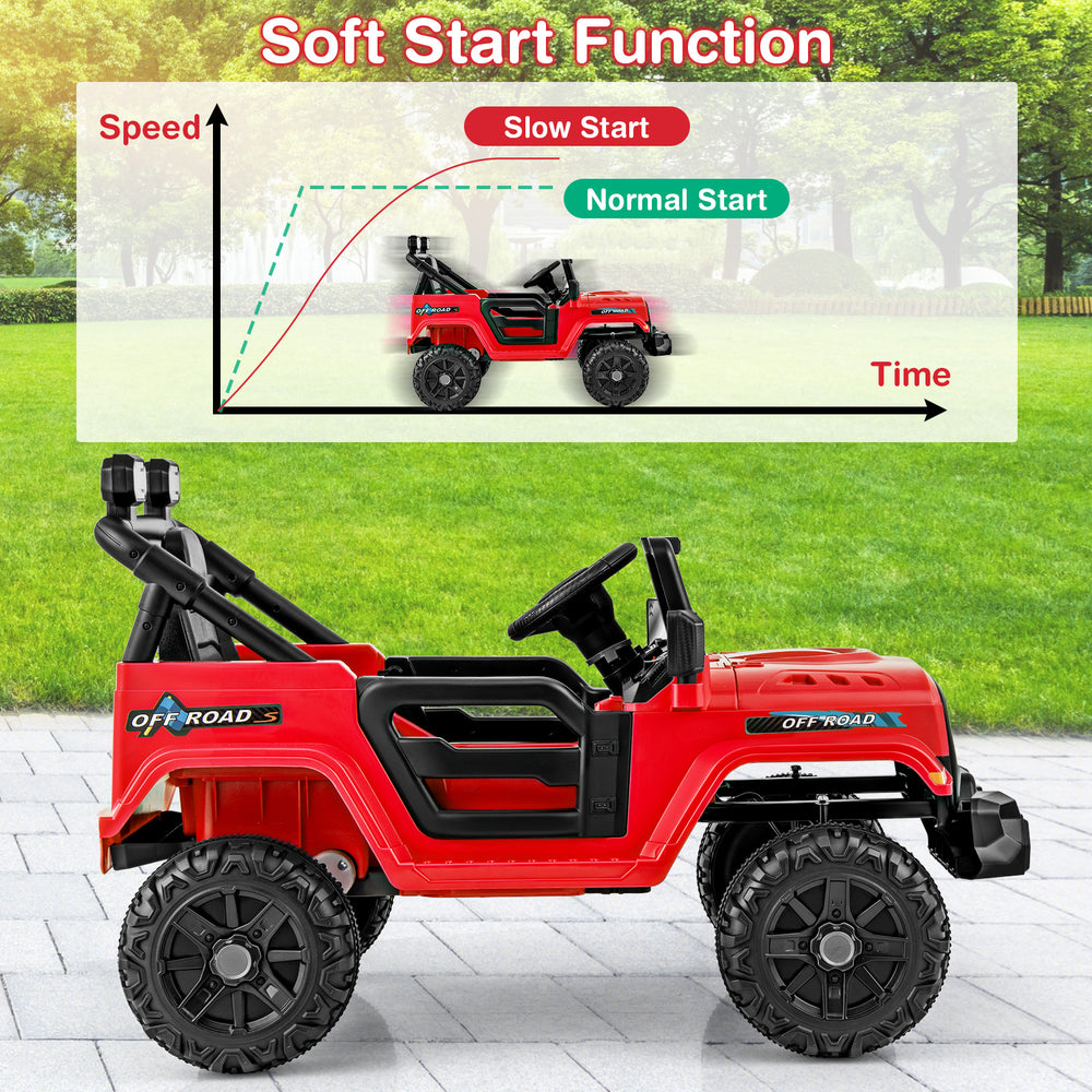 Red 12V kids ride-on truck with remote control, all-terrain wheels, and soft start function for smooth driving.
