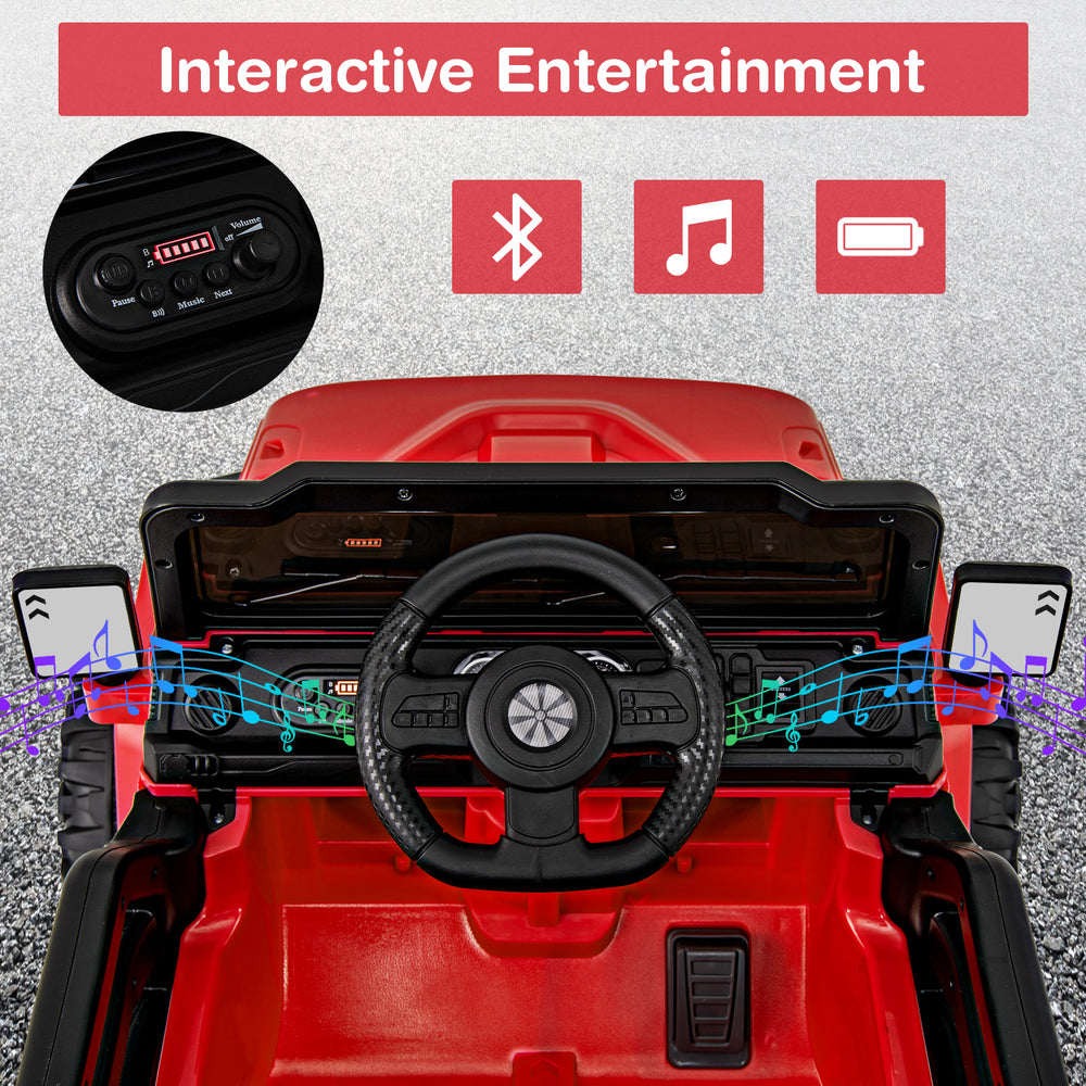 Red 12V kids ride-on truck interior showing steering wheel, control panel, and entertainment features for interactive.