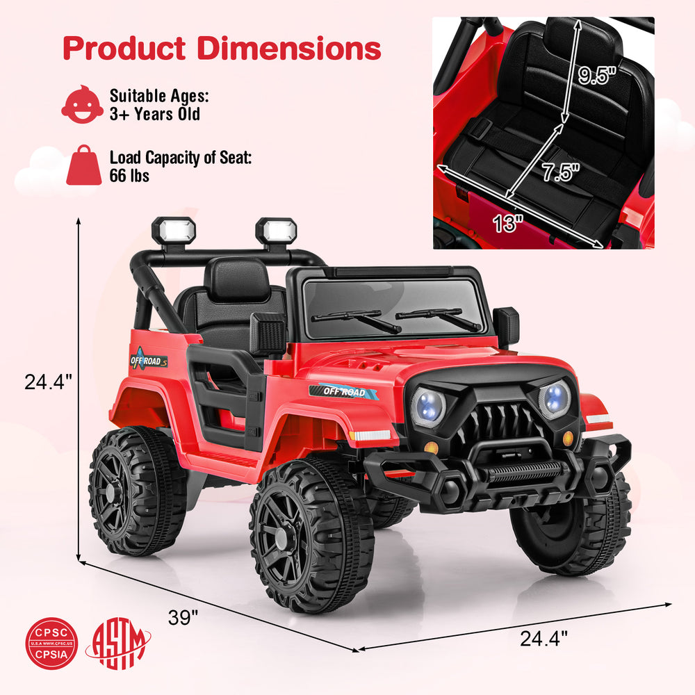 Red 12V kids ride-on truck with remote control, all-terrain wheels, and spacious seat for ages 3+, perfect for outdoor.