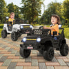 Two kids enjoying the 12V white ride-on truck with parental remote, featuring LED lights and large anti-slip tires.