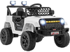 White 12V kids ride-on truck with parental remote, LED lights, and large anti-slip tires for outdoor fun.
