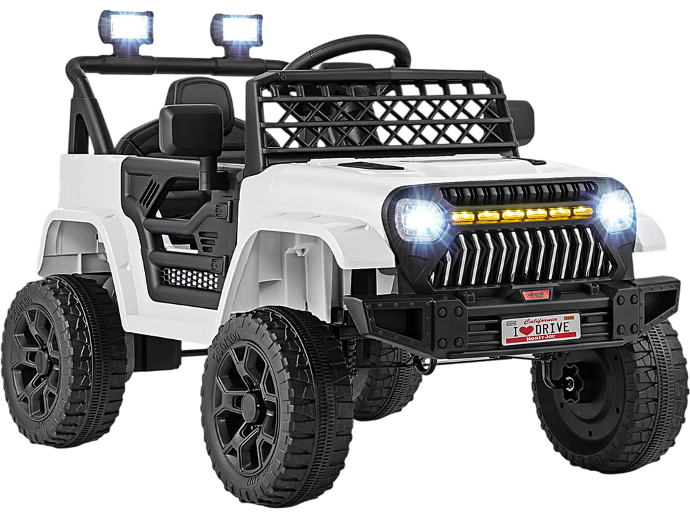 White 12V kids ride-on truck with parental remote, LED lights, and large anti-slip tires for outdoor fun.