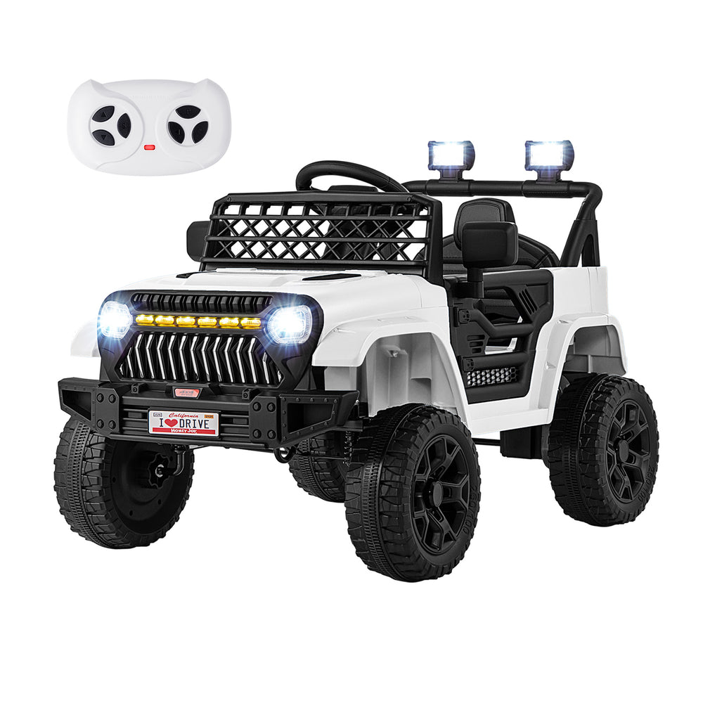 12V kids ride-on truck in white with parental remote, LED lights, and large anti-slip tires for outdoor fun.