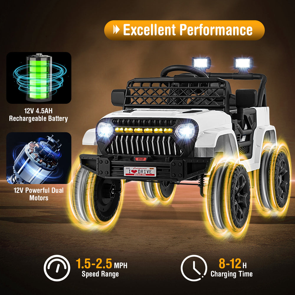 12V kids ride-on truck car in white with large anti-slip tires, LED lights, and parental remote for safe driving.