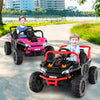 Two kids driving 12V off-road UTVs in black and pink, featuring LED headlights and parental remote control for safety.