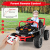 Kids ride-on truck in black with parental remote control, LED headlights, and safety features for outdoor fun.