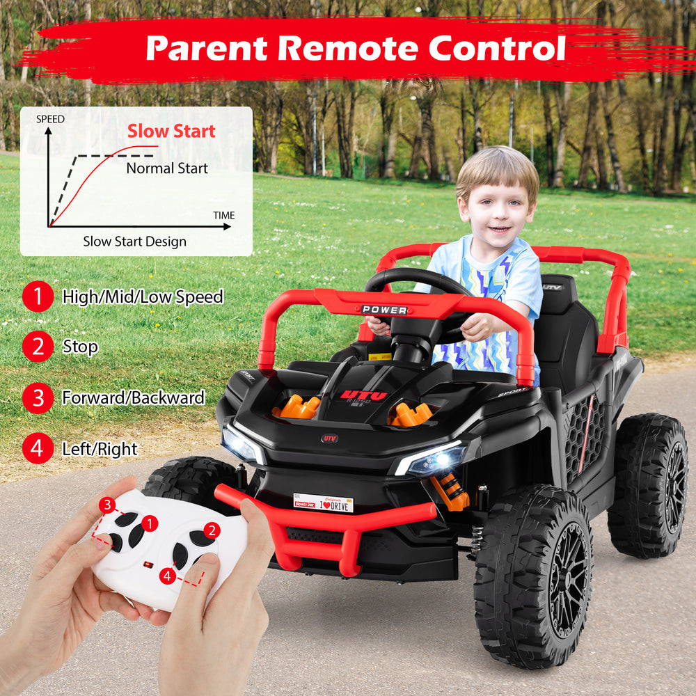 Kids ride-on truck in black with parental remote control, LED headlights, and safety features for outdoor fun.