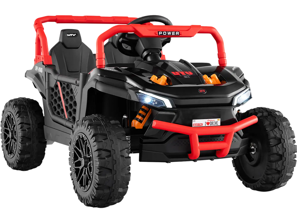Black 12V kids ride-on truck UTV with parental remote, LED headlights, and off-road tires for safe outdoor fun.