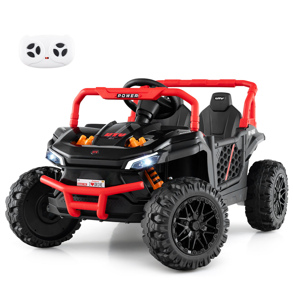Black 12V kids ride-on truck UTV with parental remote, LED lights, and off-road tires for safe outdoor fun.