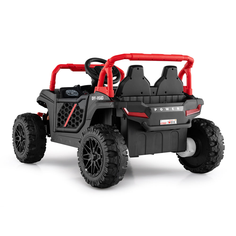 Kids ride-on truck off-road UTV in black with parental remote, LED headlights, and safety features for ages 3+.