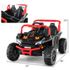 12V kids ride-on truck UTV in black with red accents, featuring LED headlights and parental remote control for safe.