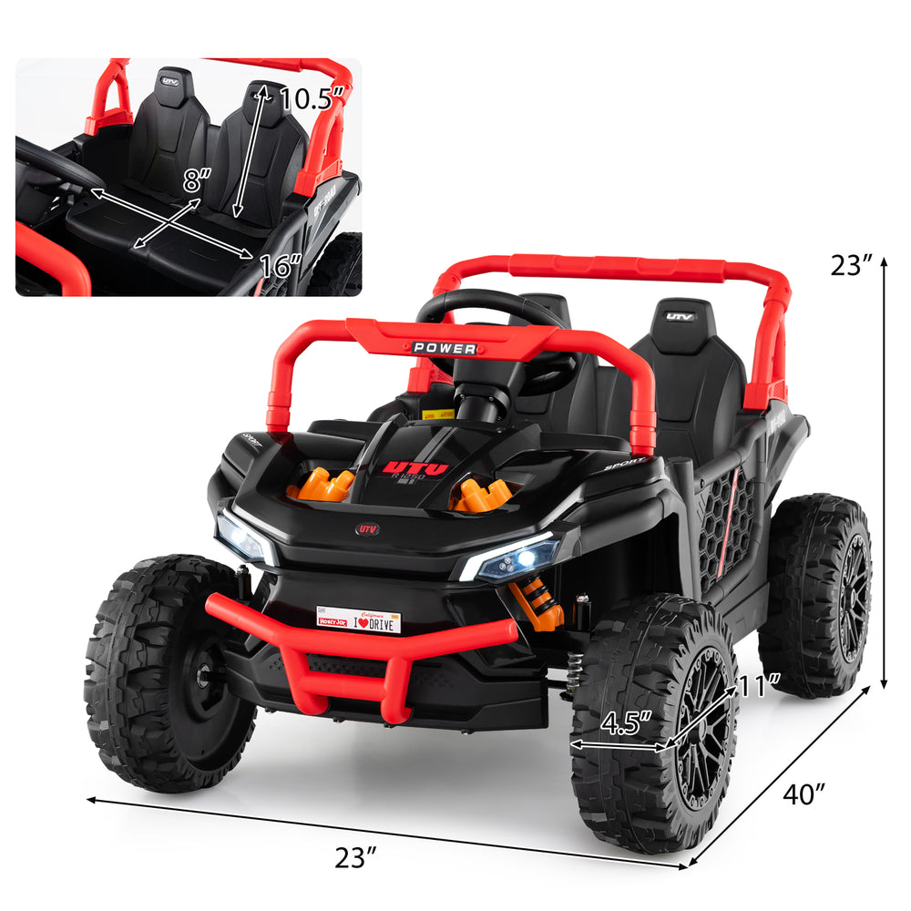 12V kids ride-on truck UTV in black with red accents, featuring LED headlights and parental remote control for safe.