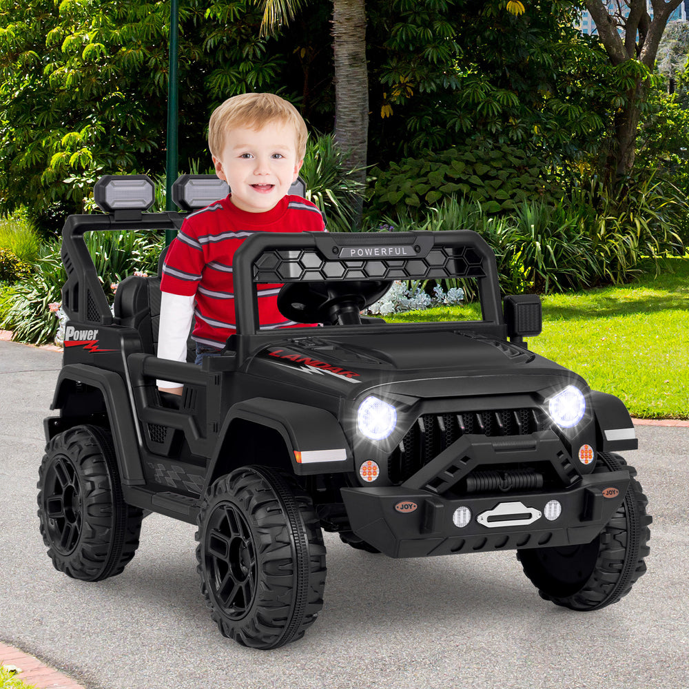Black 12V electric kids ride-on truck with remote control, LED lights, and adjustable seat belt for safe outdoor fun.