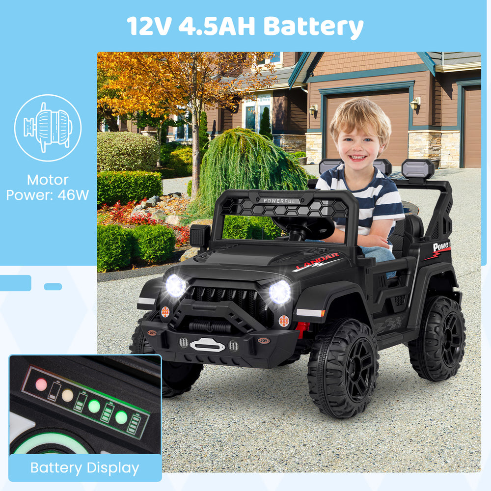 Electric kids ride-on truck in black with remote control, LED lights, and adjustable seat for safe outdoor fun.