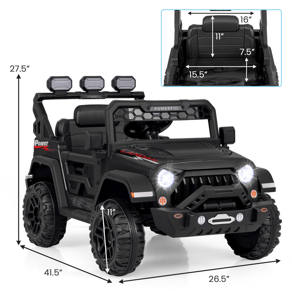 12V electric kids ride-on truck in black with remote control, adjustable seat, and LED lights for outdoor fun.