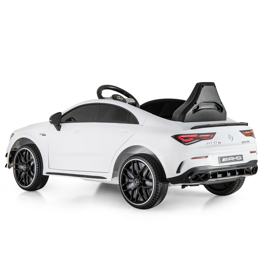 Kids ride-on car Mercedes-Benz AMG CLA 45 in white, featuring remote control, LED lights, and adjustable seat for safe.