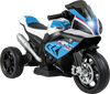 BMW kids motorcycle ride-on toy in blue, featuring three wheels, headlights, and music for ages 37-96 months.