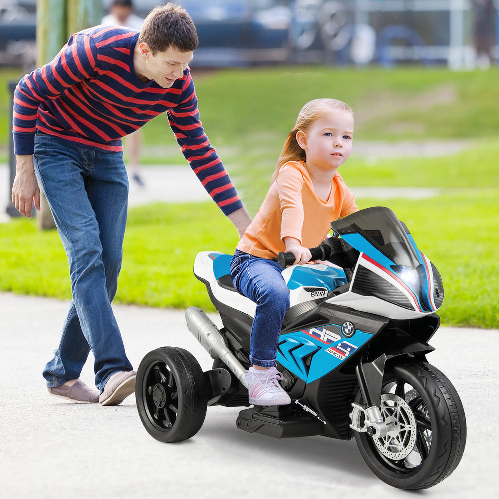 Kids ride-on BMW motorcycle in blue with three wheels, headlights, and music for ages 37-96 months, promoting fun and.