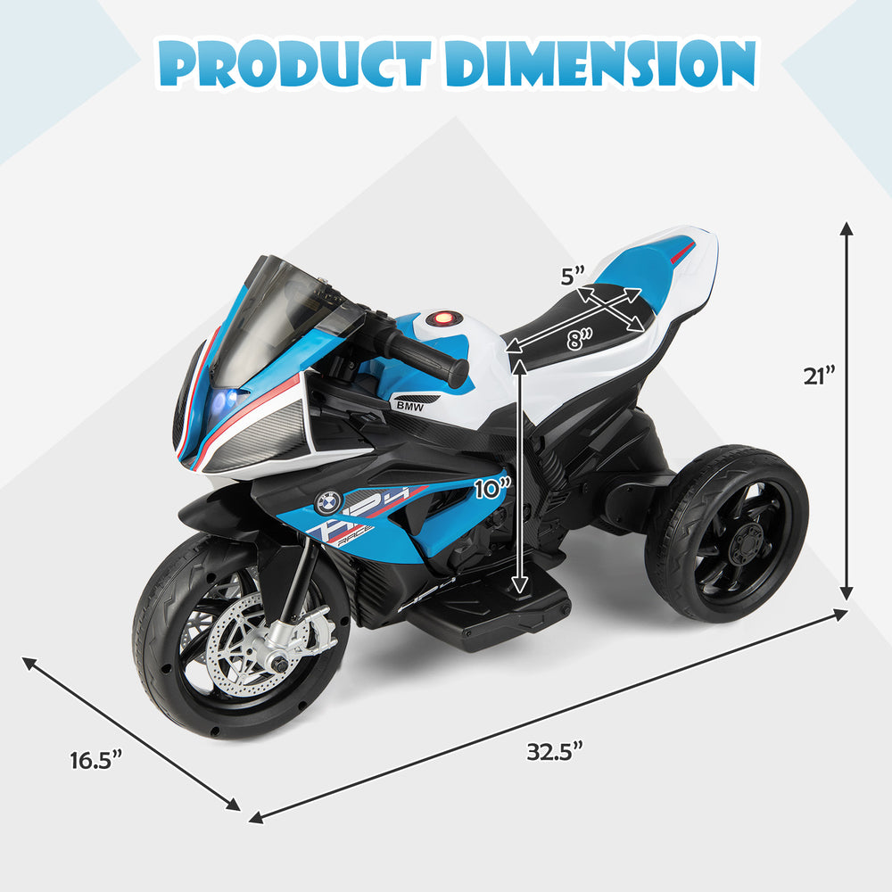 Licensed BMW kids motorcycle ride-on toy in blue, featuring dimensions of 32.5" x 16.5" x 21" for ages 37-96 months.