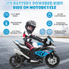Licensed BMW kids motorcycle ride-on toy in blue, featuring 12V battery, 3-wheel design, and suitable for ages 37-96.
