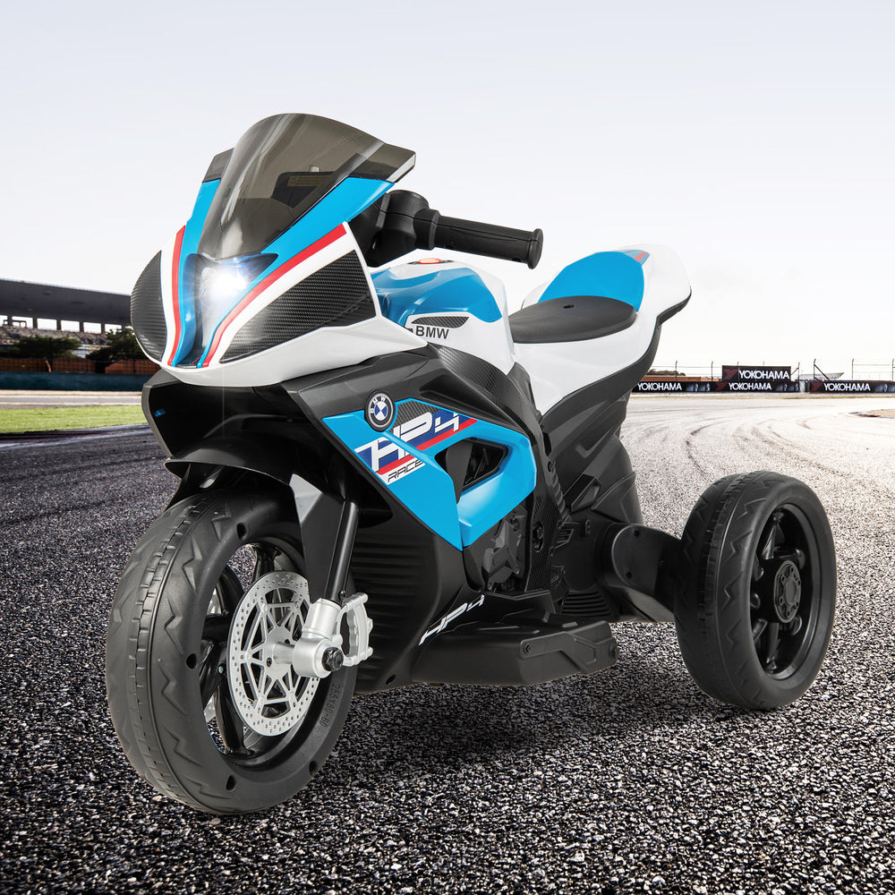 BMW kids motorcycle ride-on toy in blue, featuring 3 wheels, headlights, and music for ages 37-96 months.