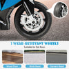Close-up of the 12V BMW kids motorcycle's wear-resistant wheels, suitable for flat surfaces like wood and brick roads.