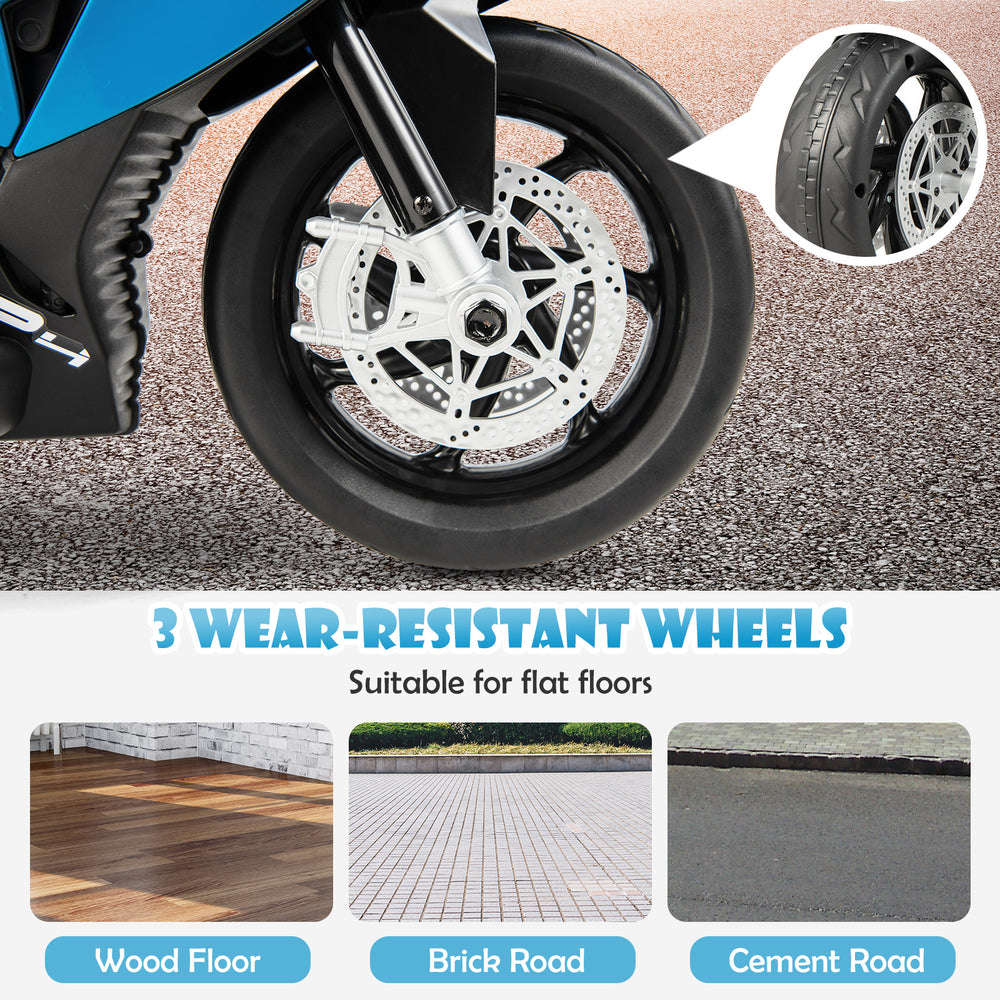 Close-up of the 12V BMW kids motorcycle's wear-resistant wheels, suitable for flat surfaces like wood and brick roads.