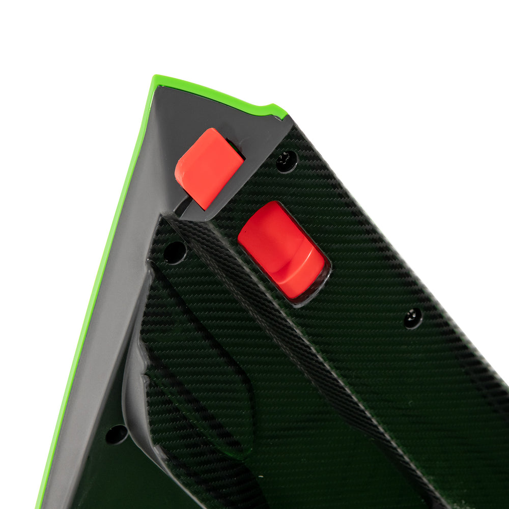 Close-up of the control panel on the green 12V Lamborghini kids ride-on car, featuring speed selection buttons.