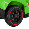 Close-up of the black and red wheel of the 12V licensed Lamborghini kids ride-on sports car for stable driving.