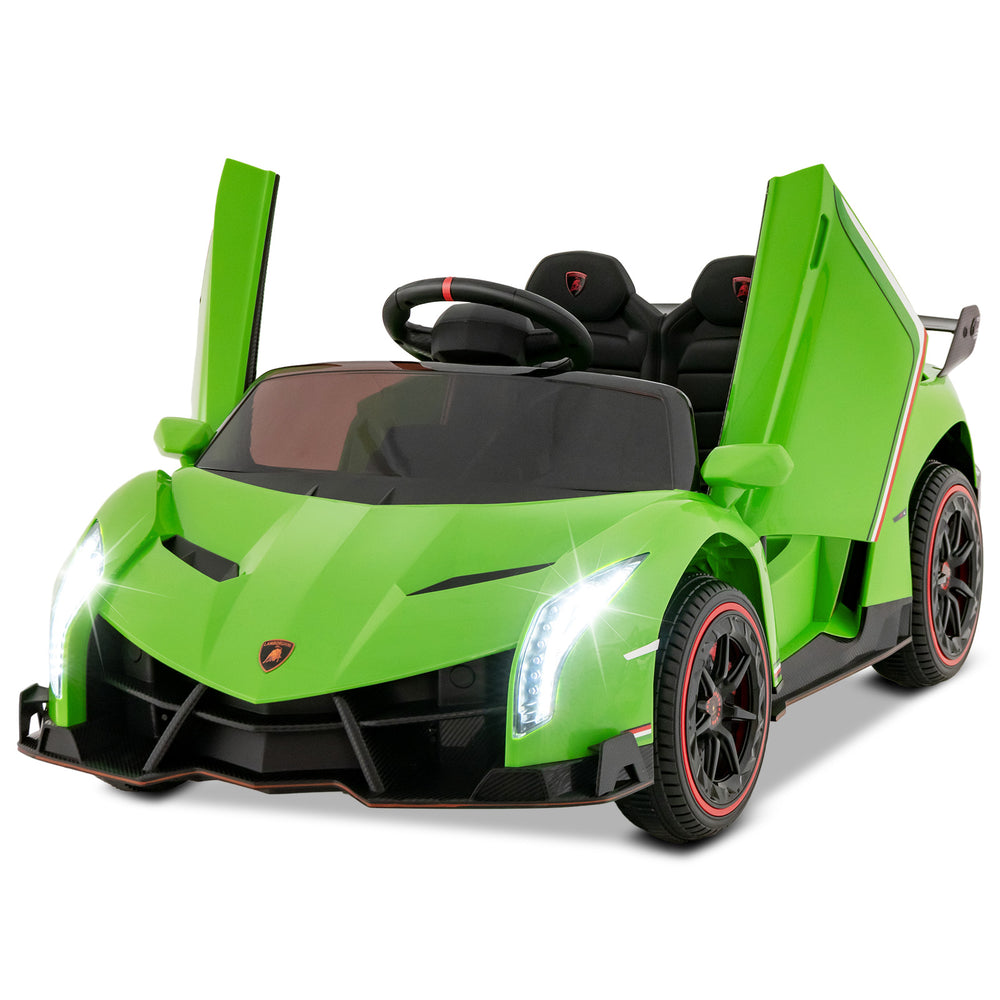 Green 12V licensed Lamborghini kids ride-on sports car with LED headlights and remote control for ages 3-8.