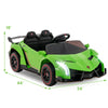 Green 12V Lamborghini kids ride-on sports car with remote control, LED headlights, and safety features for ages 3-8.