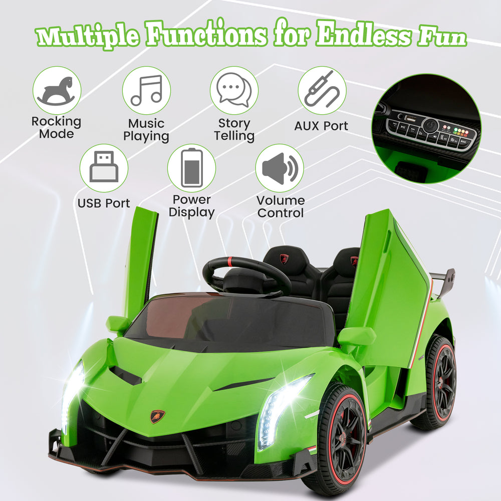 Green 12V Lamborghini kids ride-on car featuring realistic driving modes, remote control, and entertainment functions.