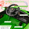 Close-up of the steering wheel and controls of the 12V licensed Lamborghini kids ride-on car in green, featuring.