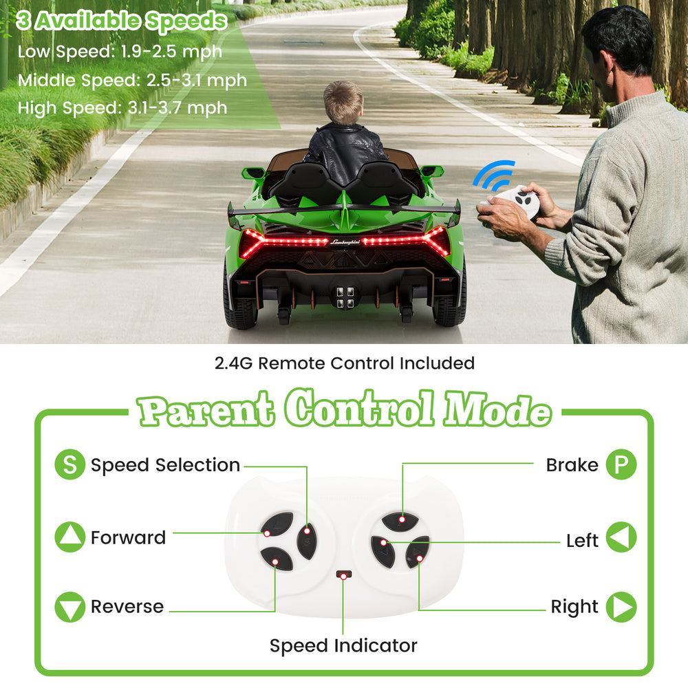 12V licensed green Lamborghini kids ride-on car with 2.4G remote, featuring realistic driving modes and LED lights.