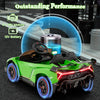 Green 12V licensed Lamborghini kids ride-on sports car with LED lights and remote control for ages 3-8.