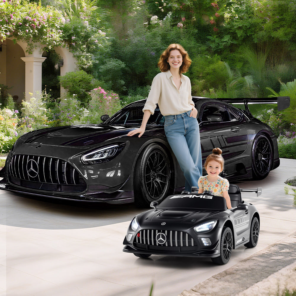 12V kids ride-on car in black, licensed Mercedes-AMG GT3, features adjustable speed and parent remote control for.