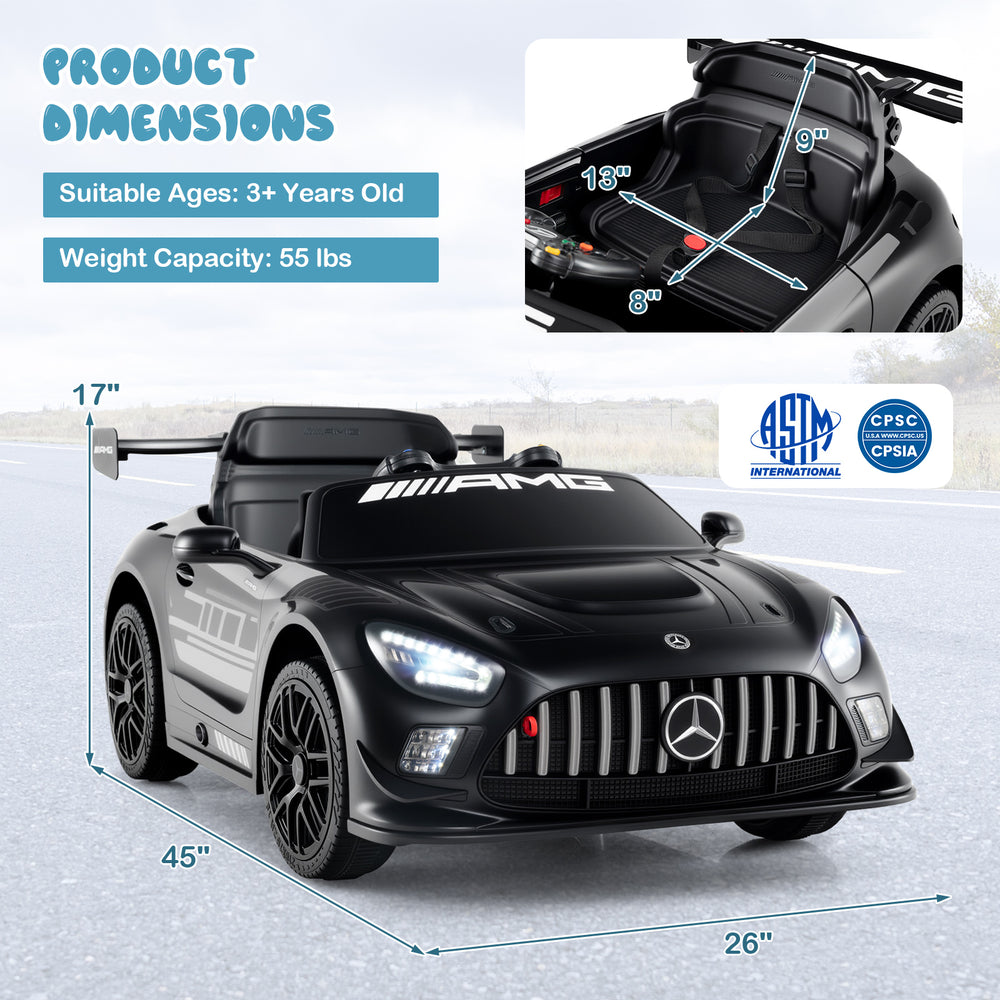 Black 12V kids ride-on car Mercedes-AMG GT3 with adjustable speed, remote control, and safety features for ages 3+.