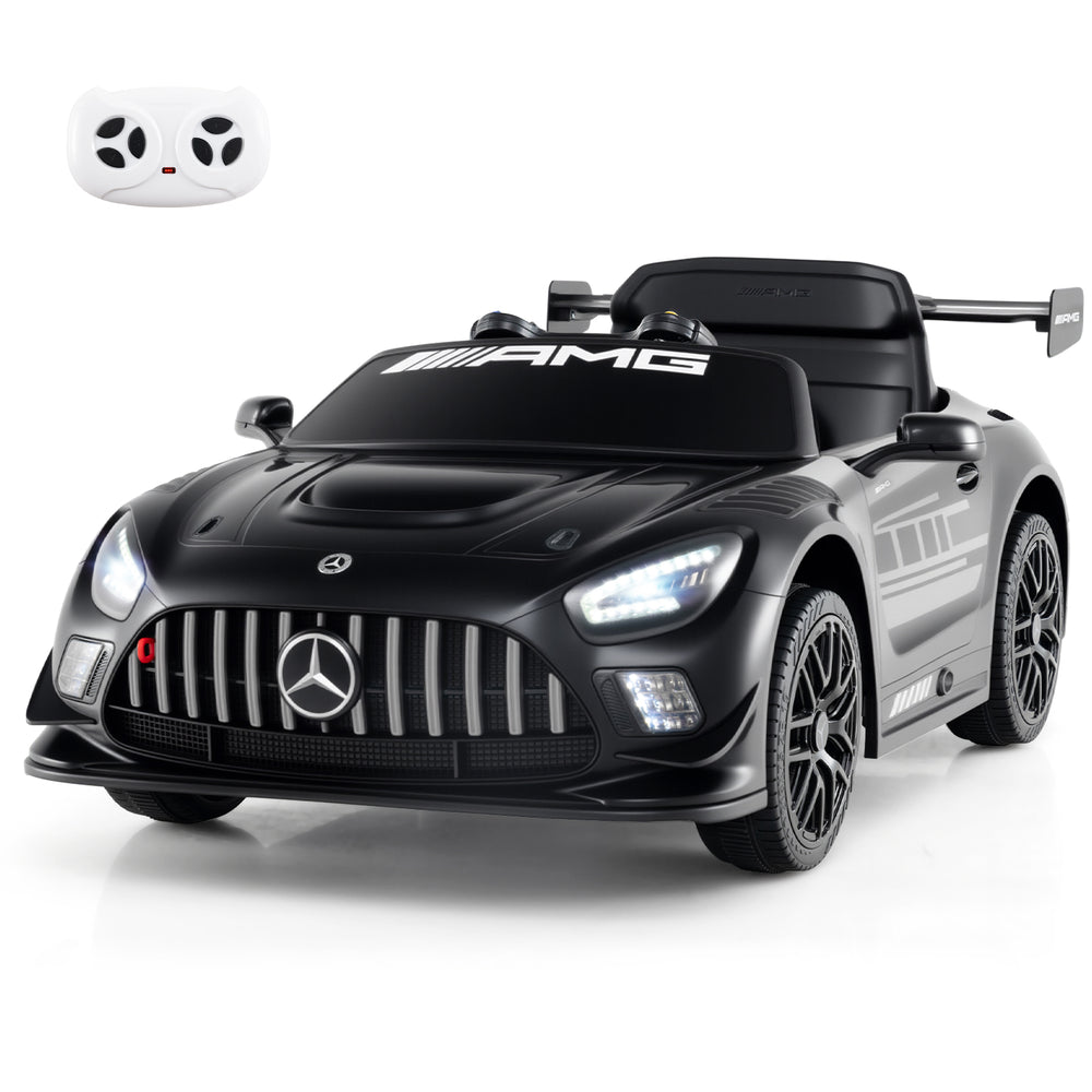 Black 12V kids ride-on car Mercedes-AMG GT3 with remote control, adjustable speed, and LED lights for safe driving fun.