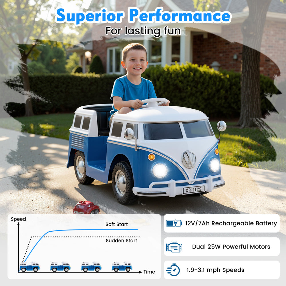Licensed Volkswagen ride-on bus in blue with LED headlights, cup holder, and spacious seat for kids aged 3+.