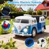Realistic blue Volkswagen ride-on bus with LED headlights, spacious seat, cup holder, and rear-view mirrors for kids.