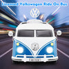 Rear view of the licensed blue Volkswagen ride-on bus showcasing the realistic design and spacious seating for kids.