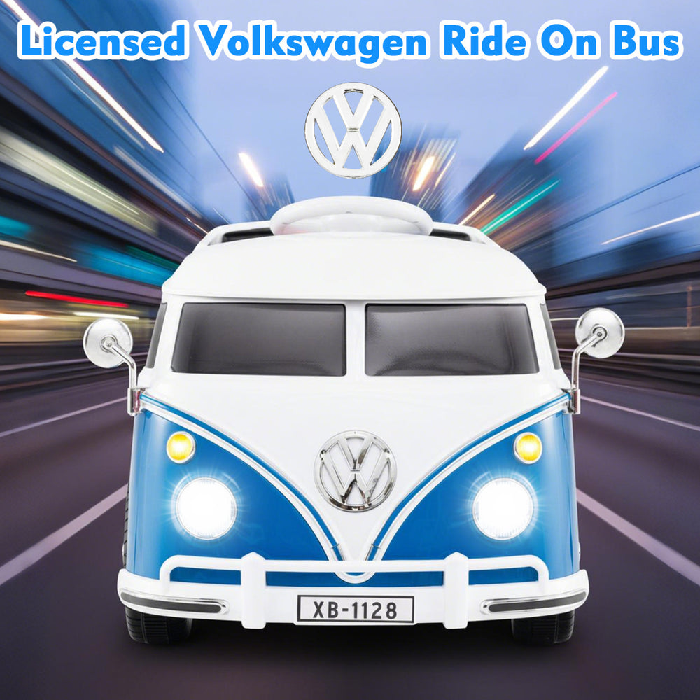 Rear view of the licensed blue Volkswagen ride-on bus showcasing the realistic design and spacious seating for kids.