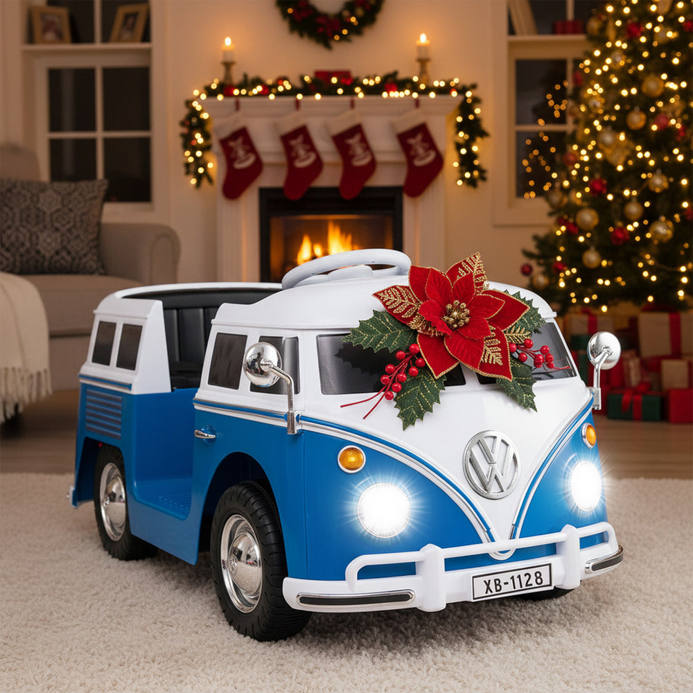 Detail shot of the blue licensed Volkswagen ride-on bus showing the built-in cup holder and realistic rear-view mirrors.